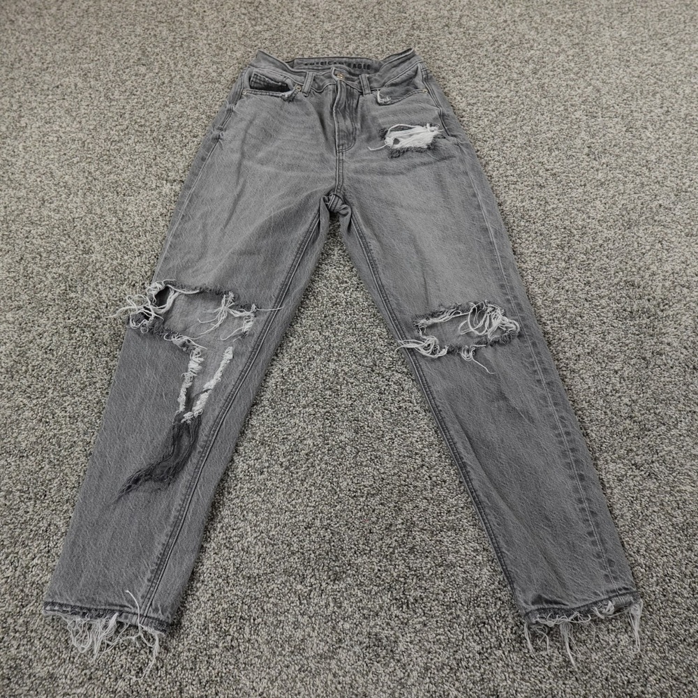 American Eagle Jeans Womens 00 Black Denim Pants Mom High Rise Flex Stretch Fade